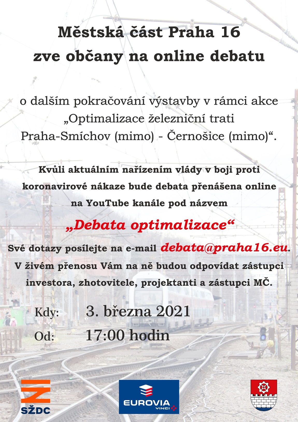 Pozvánka na online debatu o pokračování výstavby optimalizace železnice, 3.3.2021 od 17 hodin