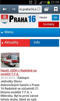 Úvodní obrazovka mobilní verze stránek m.praha16,eu.