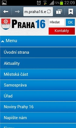 Hlavní menu webu m.praha16.eu.