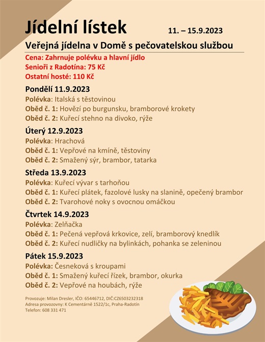 Jídelní menu v domě s pečovatelskou službou, od 11. do 15. září 2023
