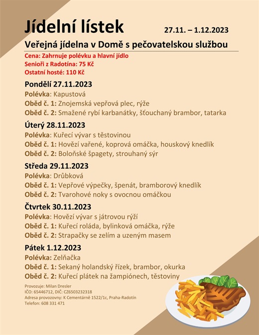 Jídelní menu v domě s pečovatelskou službou od 27. listopadu do 1. prosince 2023