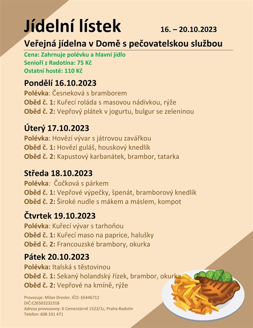 Jídelní menu v domě s pečovatelskou službou, od 16. do 20. října 2023