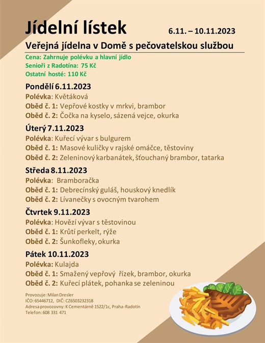 Jídelní menu v domě s pečovatelskou službou, od 6. do 10. listopadu 2023