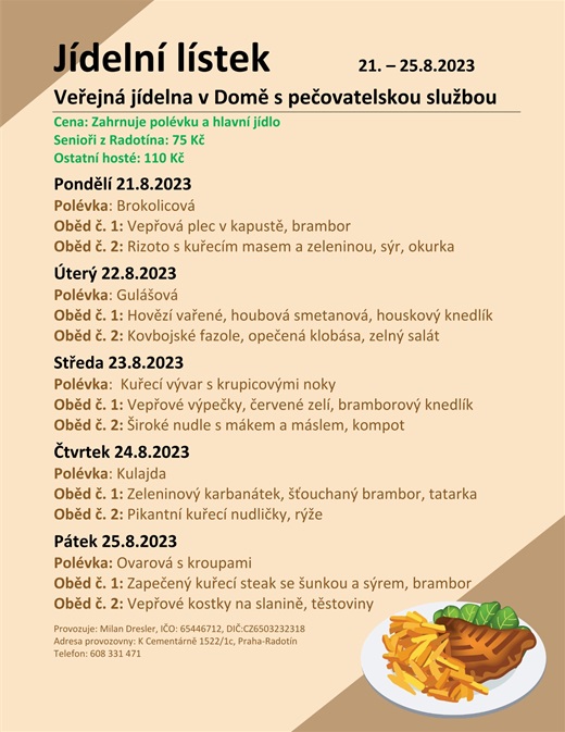 Jídelní menu v domě s pečovatelskou službou, od 21. do 25.8.2023
