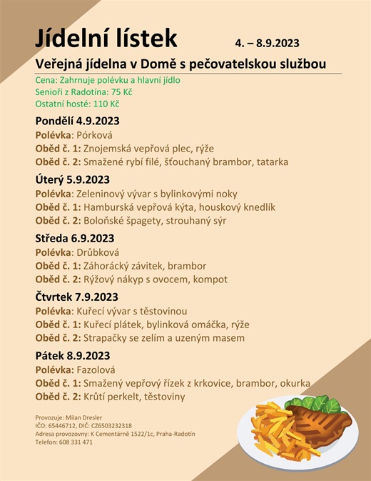 Jídelní menu v domě s pečovatelskou službou, od 4. do 8. září 2023