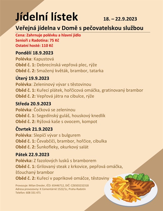 Jídelní menu v domě s pečovatelskou službou, od 18. do 22. září 2023