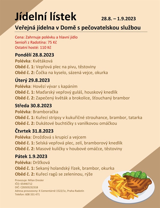 Jídelní menu v domě s pečovatelskou službou, od 28.8. do 1.9.2023