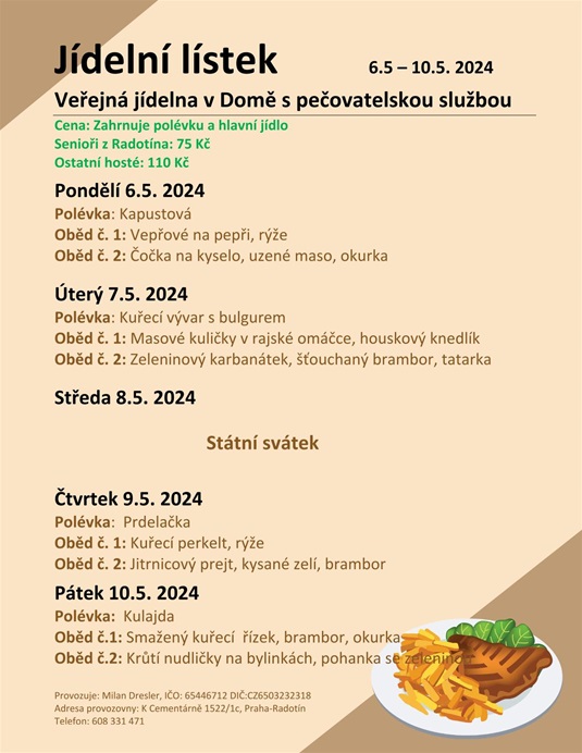 Menu veřejné jídelny v domě s pečovatelskou službou od 6. do 10. května 2024