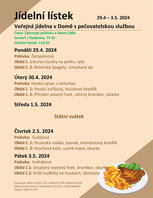 Menu veřejné jídelny v domě s pečovatelskou službou od 29. dubna do 3. května 2024