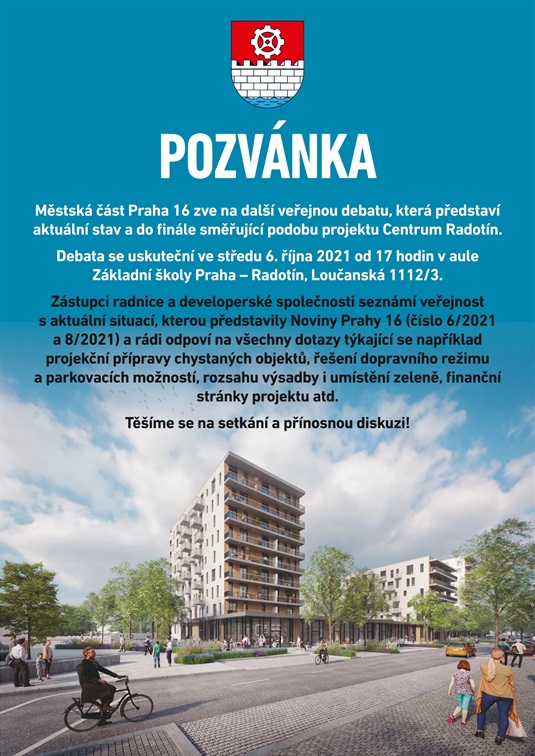 Pozvánka na veřejnou debatu k Centru Radotín. Uskuteční se 6. října od 17 hodin v aule základní školy, Loučanská 1112/3