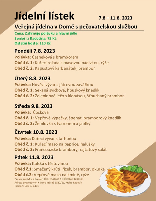 Jídelní menu v domě s pečovatelskou službou, od 7. do 11.8.2023